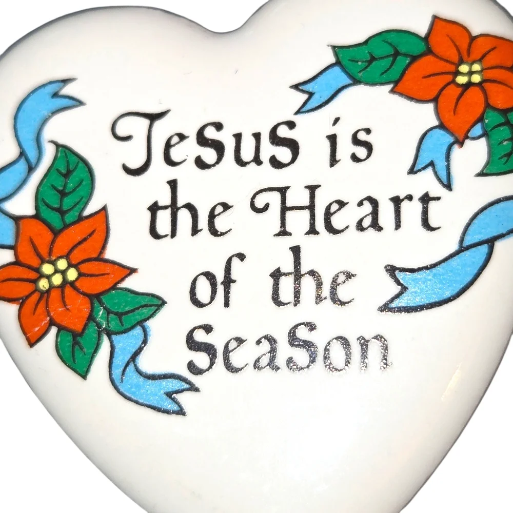 Jesus Is The‎ Heart Of The Season VTG White Poinsettia Accented Heart Shaped Pin